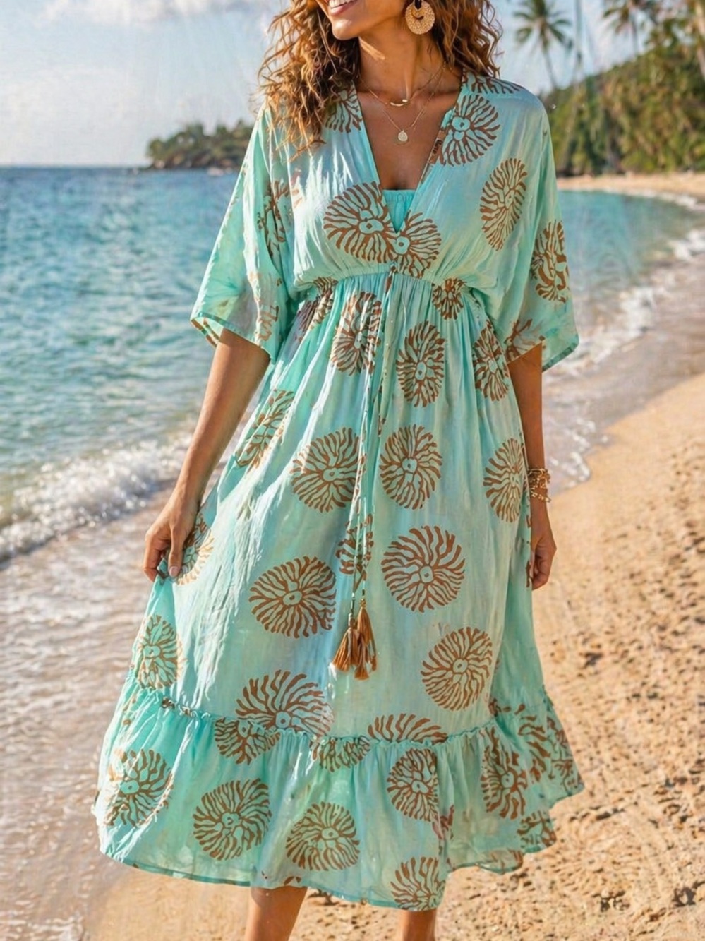 Zury Bohemian Teal Print Maxi Dress with Tassel Tie